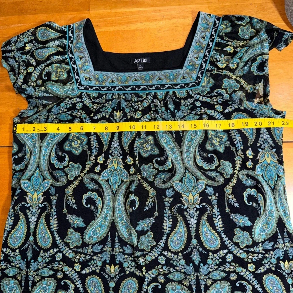 Boho Womens XL Paisley Mesh Blouse Teal Black Square Neck Flutter Sleeve Top